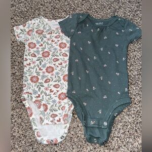 Carter's Floral White & Forest Green Short Sleeve One-Pieces